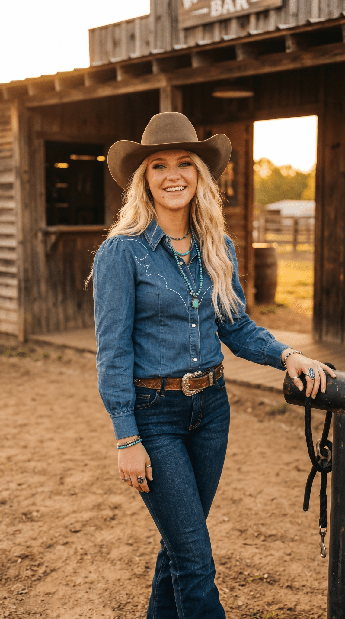 Mid Wash Denim Stretch Contrast Embroidered Long Sleeve Shirt - Cowhide and Conchos