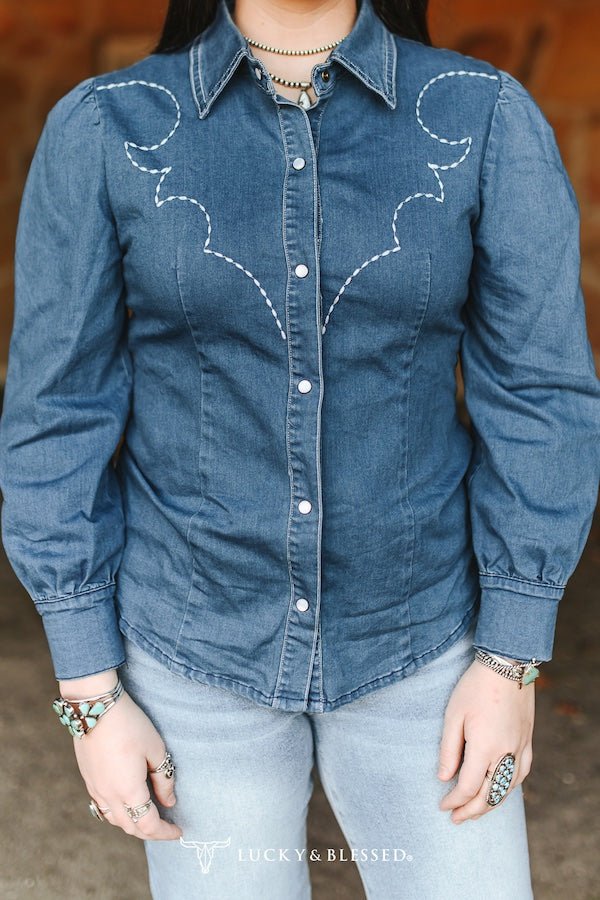 Mid Wash Denim Stretch Contrast Embroidered Puff Long Sleeve Shirt - Cowhide and Conchos