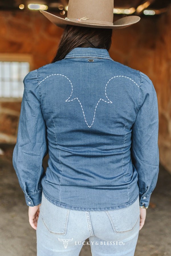 Mid Wash Denim Stretch Contrast Embroidered Puff Long Sleeve Shirt - Cowhide and Conchos