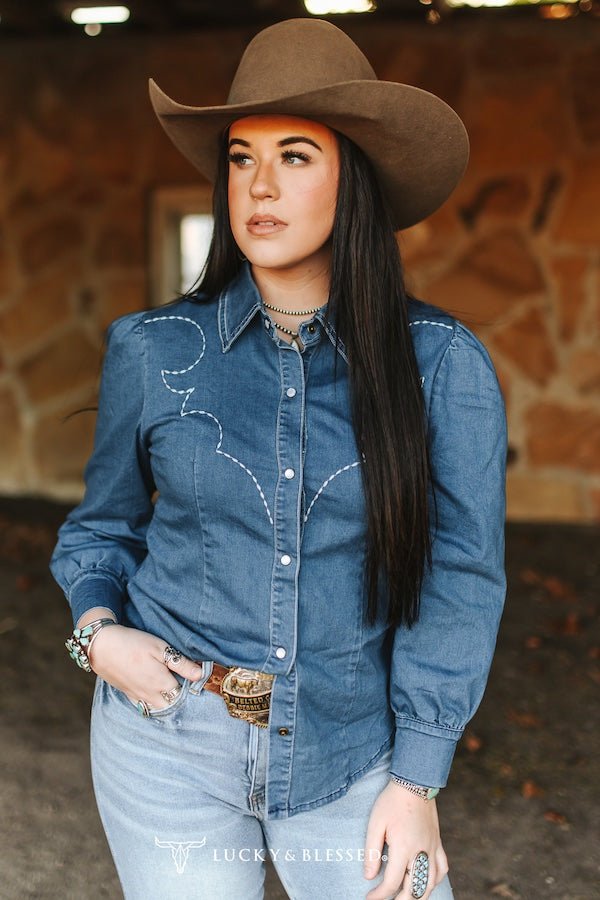 Mid Wash Denim Stretch Contrast Embroidered Puff Long Sleeve Shirt - Cowhide and Conchos