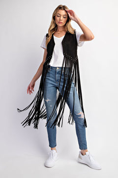 Midnight Ride Suede Studded Fringe Vest - Cowhide and Conchos