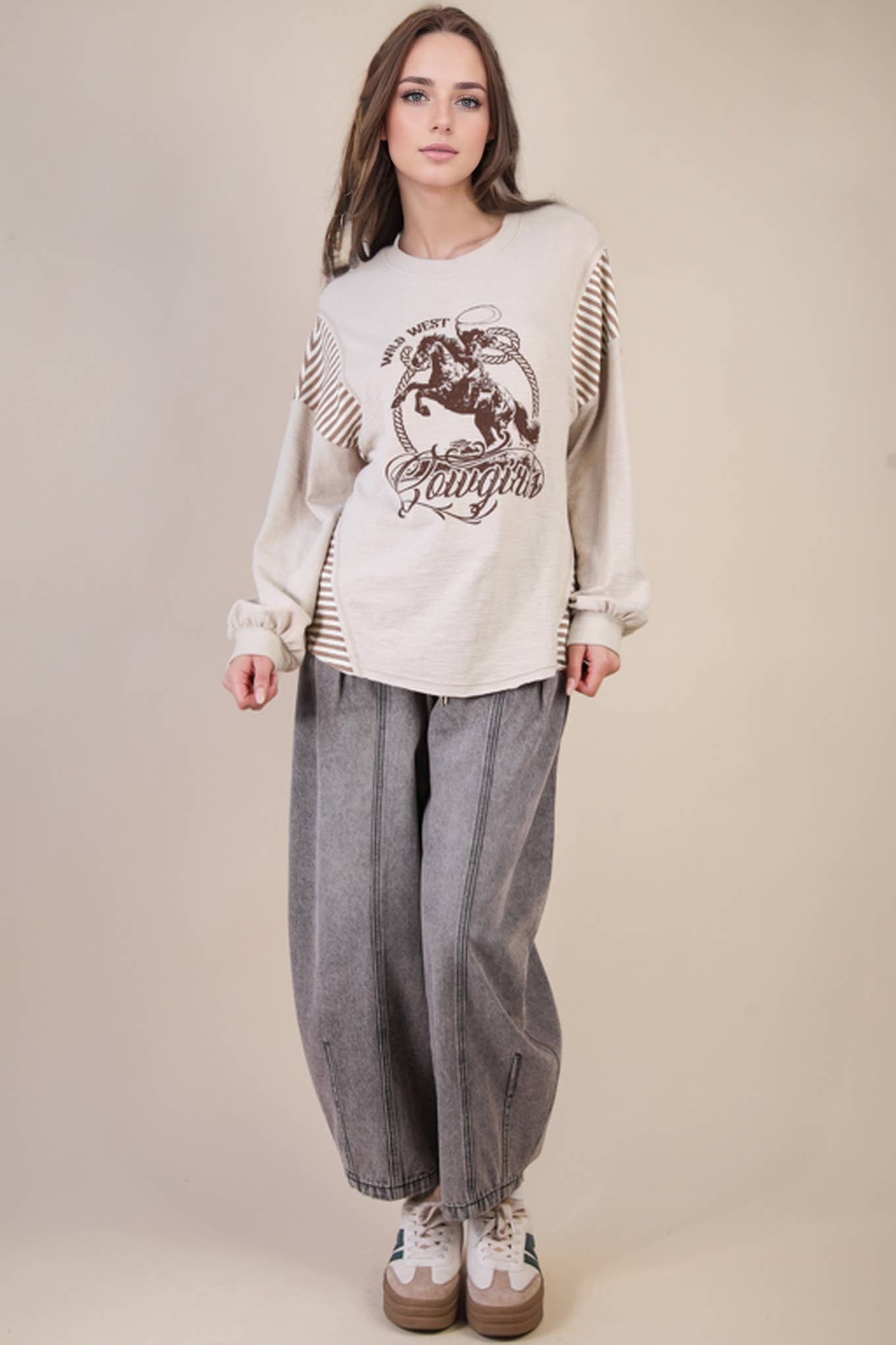 Mixed Fabric Knit Top - Taupe or Olive - Cowhide and Conchos