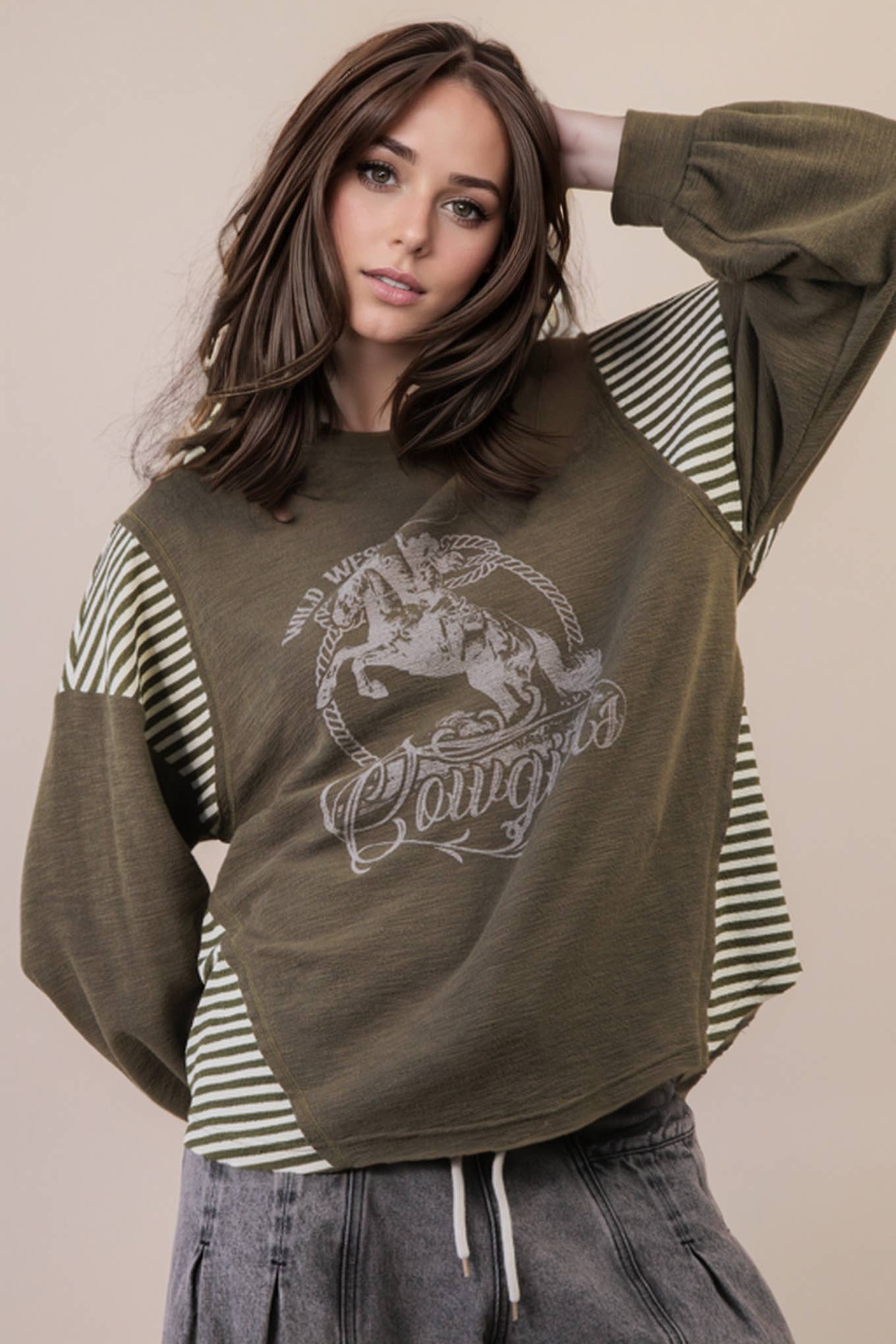 Mixed Fabric Knit Top - Taupe or Olive - Cowhide and Conchos