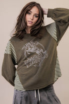Mixed Fabric Knit Top - Taupe or Olive - Cowhide and Conchos