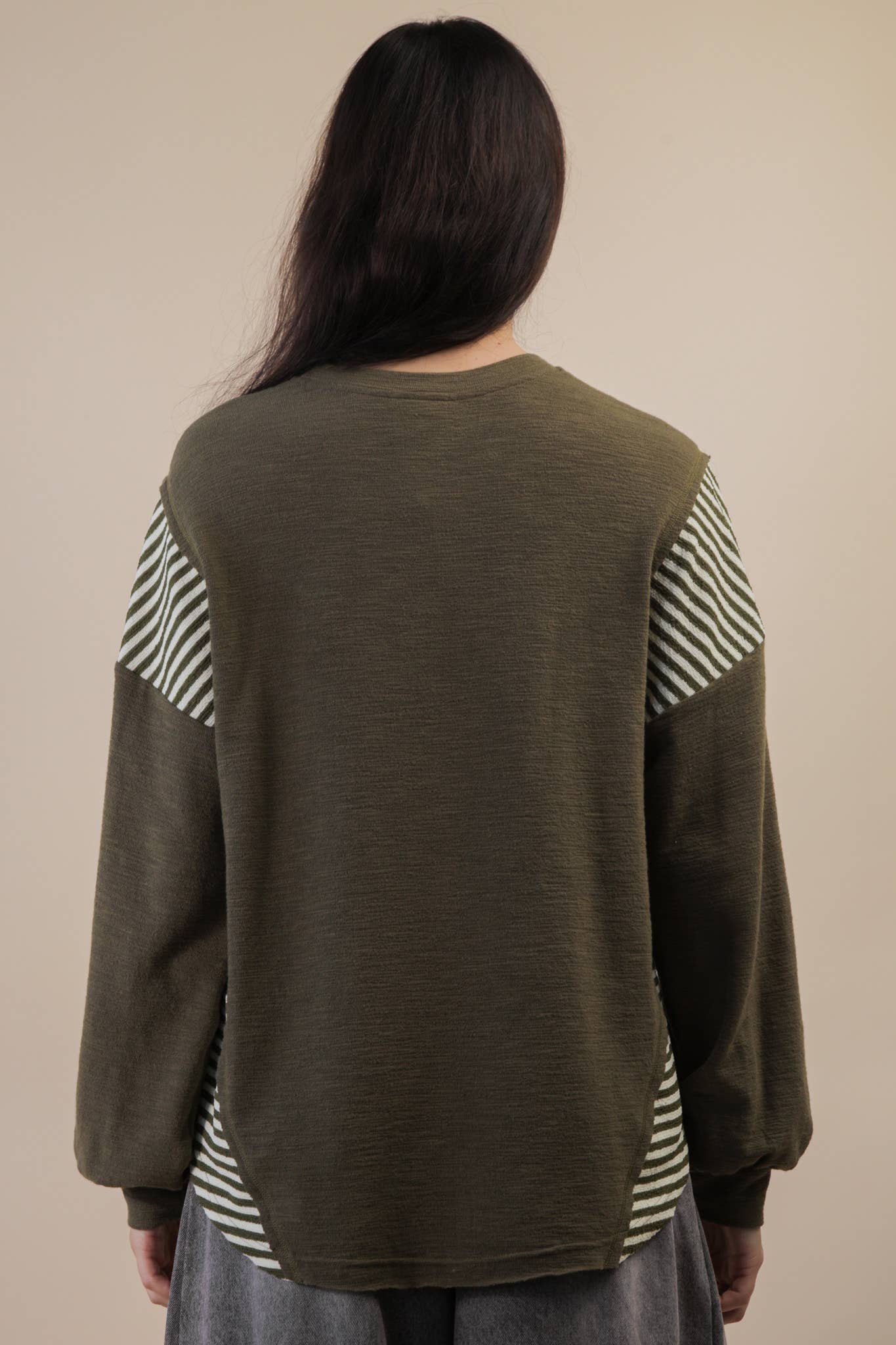 Mixed Fabric Knit Top - Taupe or Olive - Cowhide and Conchos