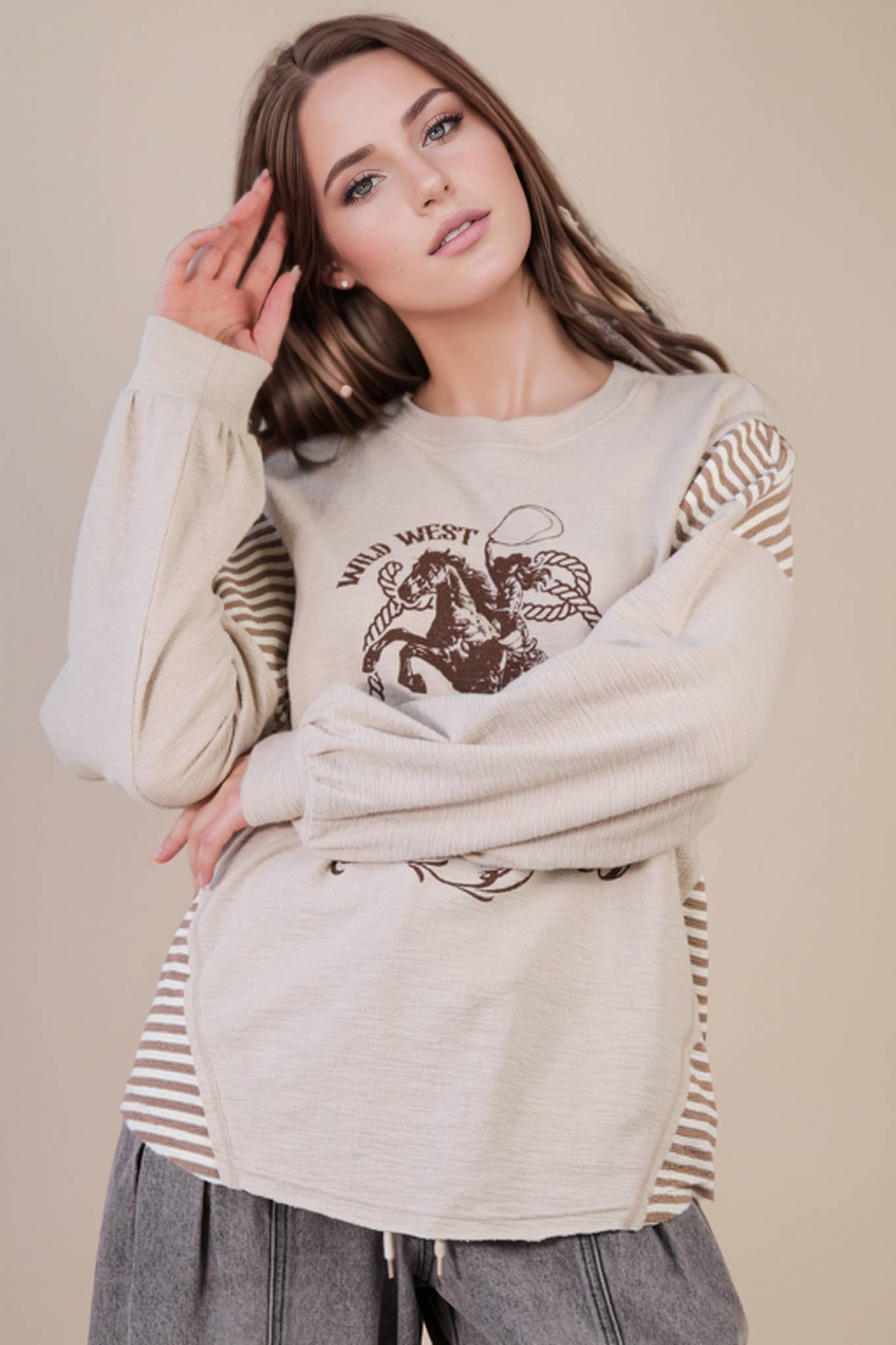 Mixed Fabric Knit Top - Taupe or Olive - Cowhide and Conchos