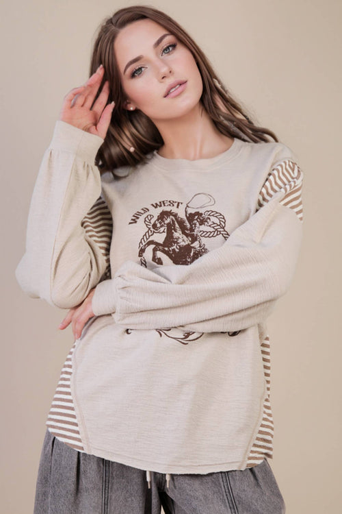 Mixed Fabric Knit Top - Taupe or Olive - Cowhide and Conchos