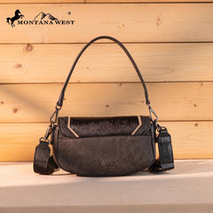 Montana West Cowhide Mini Shoulder Bag - Black - Cowhide and Conchos