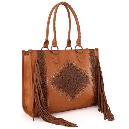Montana West Tool Fringe Collection Concealed Carry Wide Tote - Cowhide and Conchos