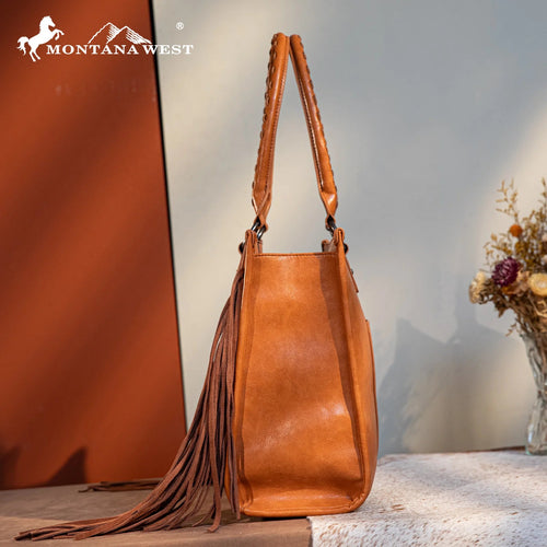 Montana West Tool Fringe Collection Concealed Carry Wide Tote - Cowhide and Conchos