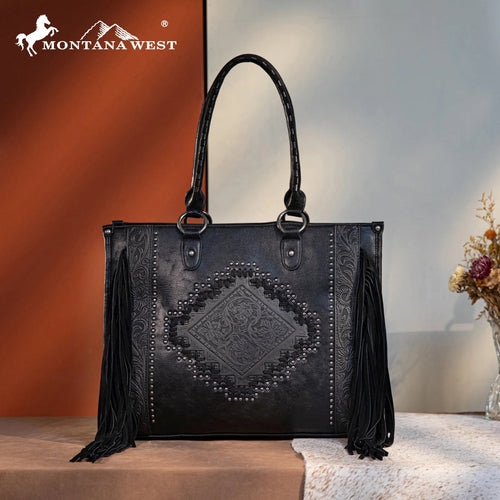 Montana West Tool Fringe Collection Concealed Carry Wide Tote - Cowhide and Conchos
