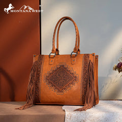 Montana West Tool Fringe Collection Concealed Carry Wide Tote - Cowhide and Conchos