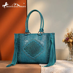Montana West Tool Fringe Collection Concealed Carry Wide Tote - Cowhide and Conchos