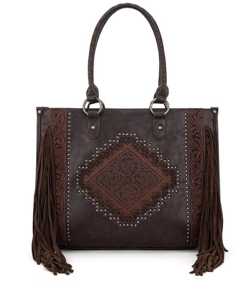 Montana West Tool Fringe Collection Concealed Carry Wide Tote - Coffee Brown - Cowhide and Conchos