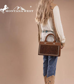 Montana West Tooled Tote Crossbody Bag - Black - Cowhide and Conchos