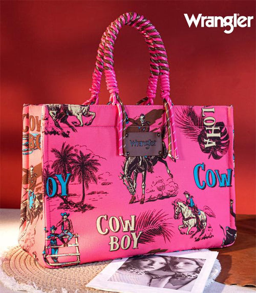 Montana West Wrangler Cowboy Print Canvas Tote - Cowhide and Conchos