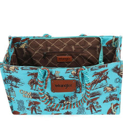 Montana West Wrangler Cowboy Print Canvas Tote - Turquoise - Cowhide and Conchos