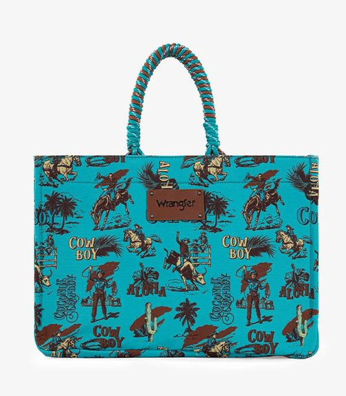 Montana West Wrangler Cowboy Print Canvas Tote - Turquoise - Cowhide and Conchos