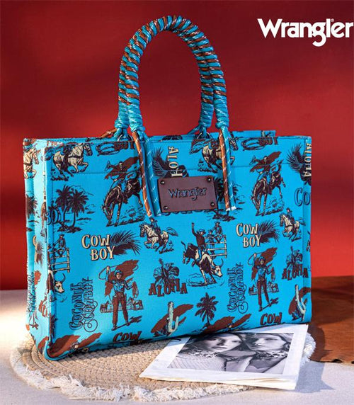 Montana West Wrangler Cowboy Print Canvas Tote - Turquoise - Cowhide and Conchos