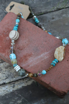 Multicolor Bead Necklace - Cowhide and Conchos
