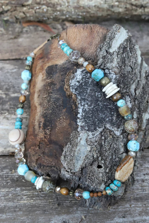Multicolor Bead Necklace - Cowhide and Conchos