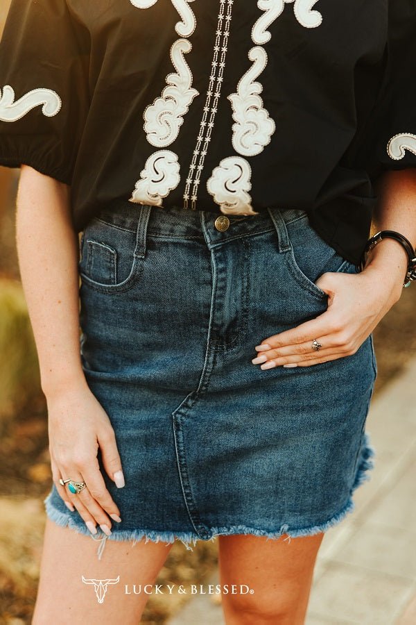 Nashville High - Rise Raw Hem Western Denim Skirt - Cowhide and Conchos