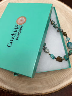 Natural Turquoise Nuggets & Shells Necklace - 27 inch - Cowhide and Conchos