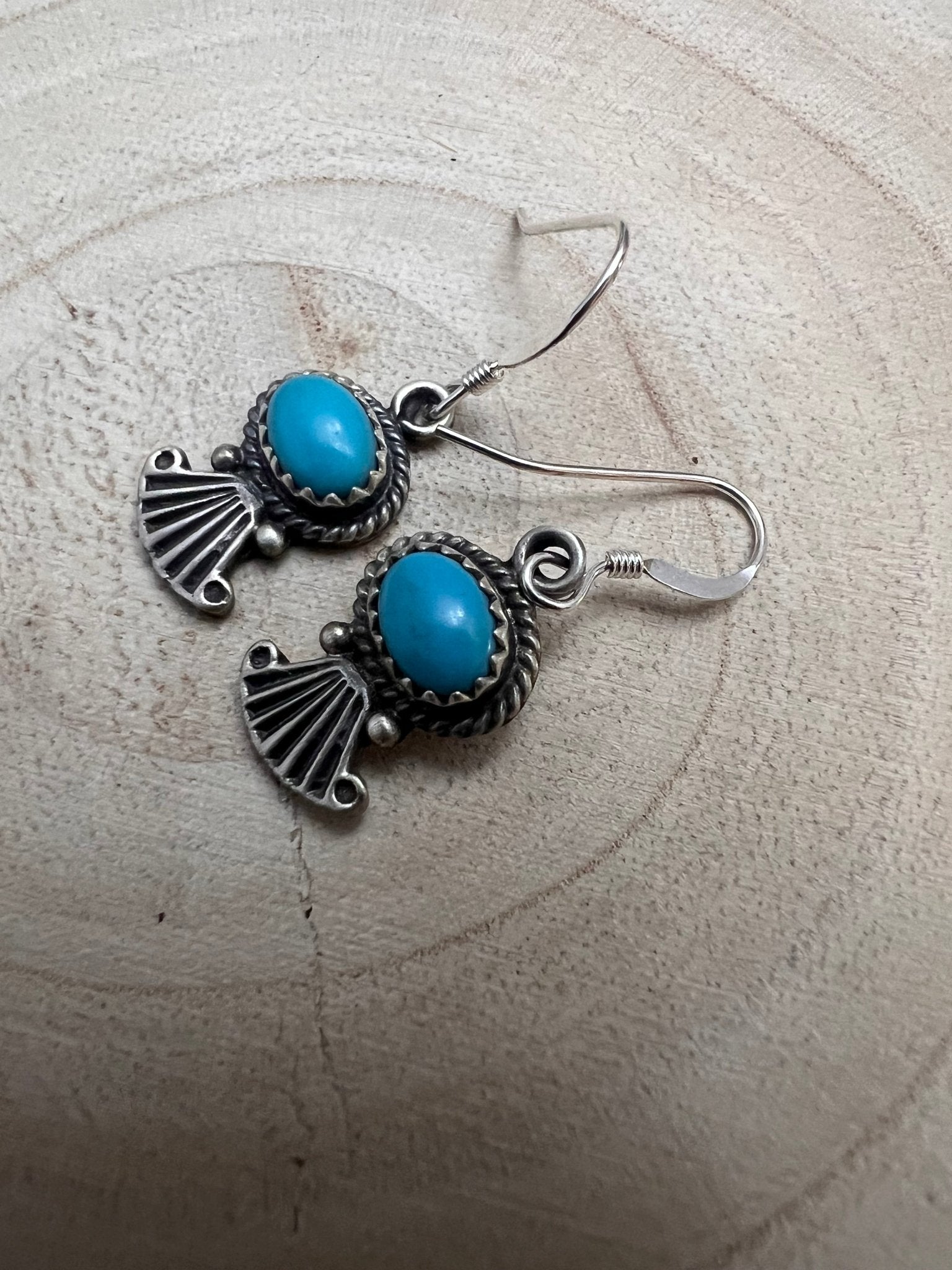 Navajo Handmade Kingman Turquoise Earrings by Sharon McCarthy - Cowhide and Conchos