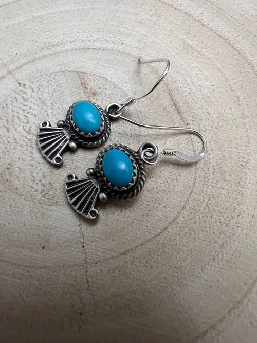 Navajo Handmade Kingman Turquoise Earrings by Sharon McCarthy - Cowhide and Conchos
