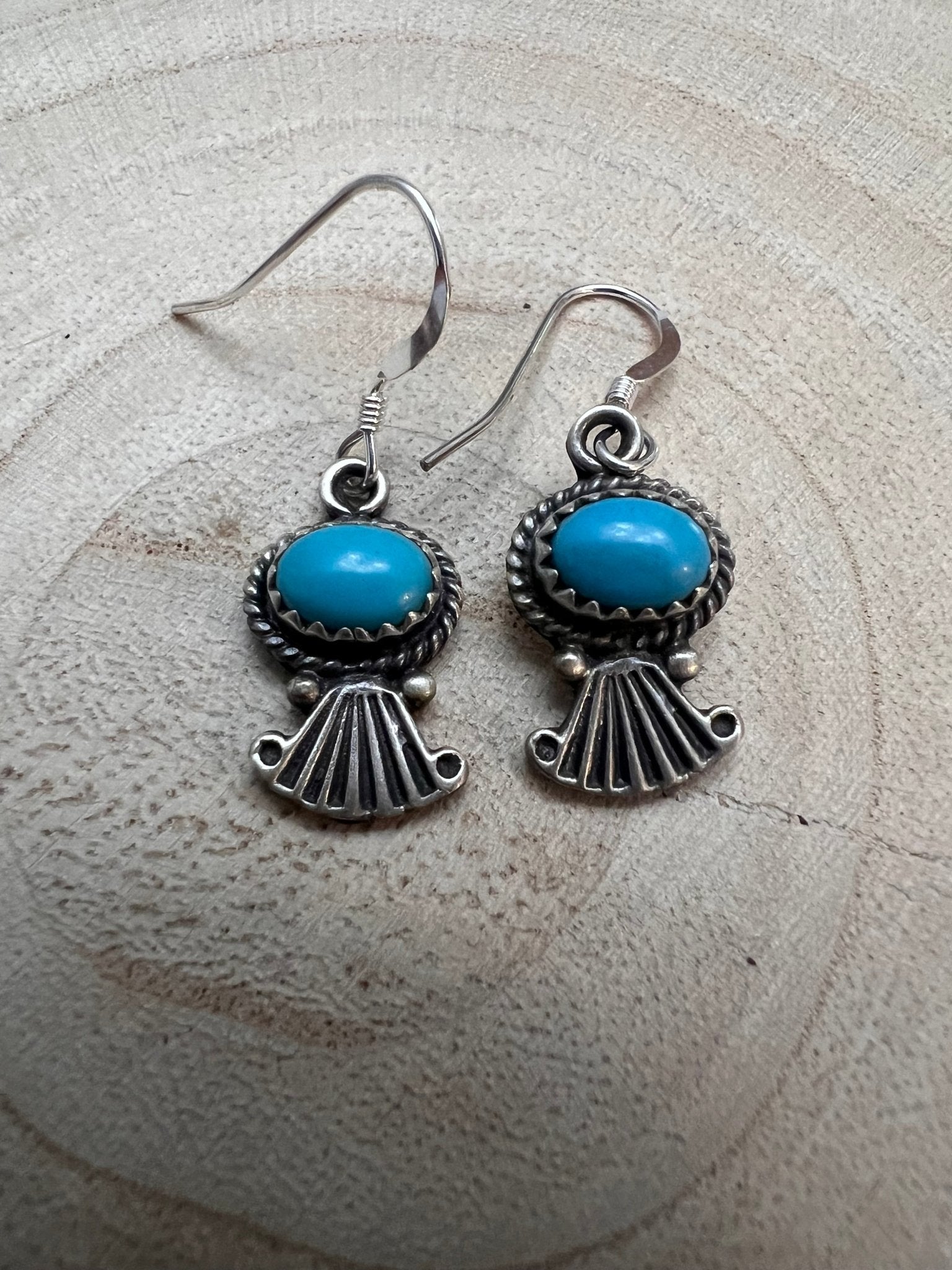 Navajo Handmade Kingman Turquoise Earrings by Sharon McCarthy - Cowhide and Conchos