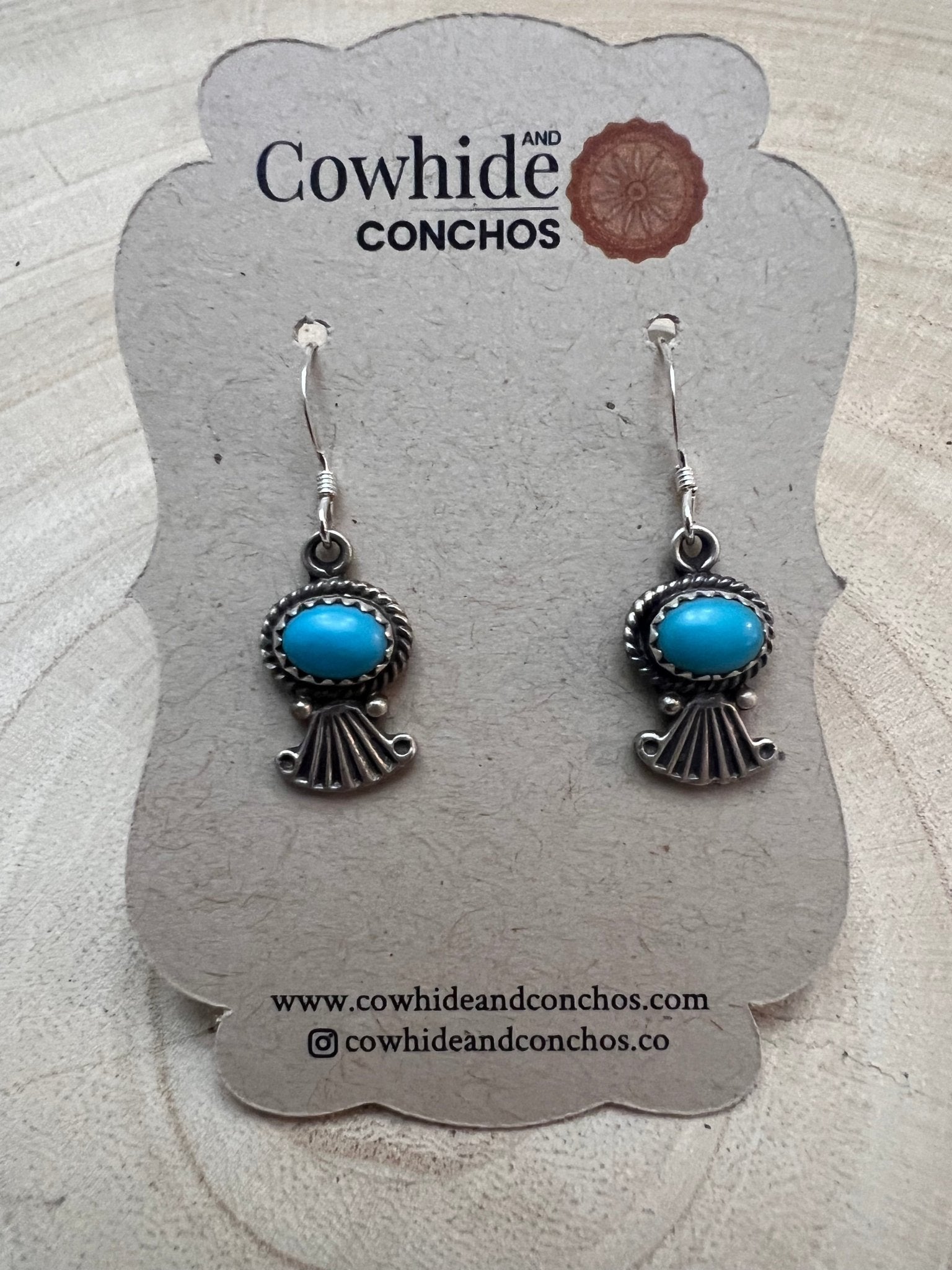 Navajo Handmade Kingman Turquoise Earrings by Sharon McCarthy - Cowhide and Conchos