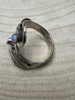 Navajo Handmade Opal Adjustable Ring by Genevieve Francisco - Cowhide and Conchos