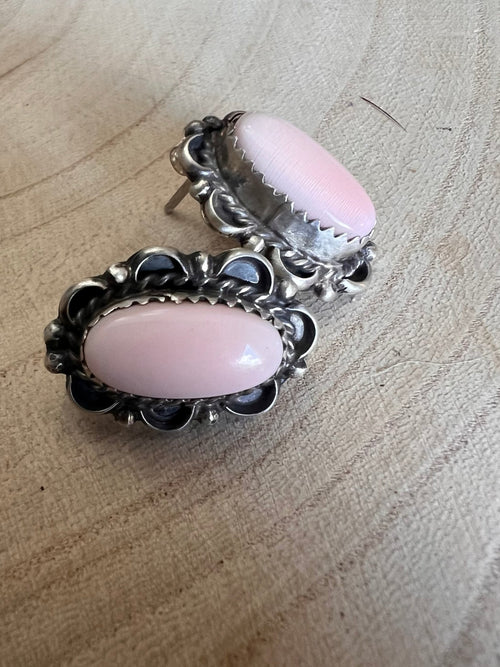 Navajo Handmade Pink Conch Earrings by Freda Martinez - Cowhide and Conchos