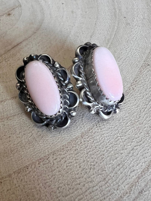 Navajo Handmade Pink Conch Earrings by Freda Martinez - Cowhide and Conchos