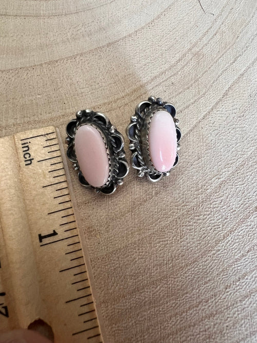 Navajo Handmade Pink Conch Earrings by Freda Martinez - Cowhide and Conchos