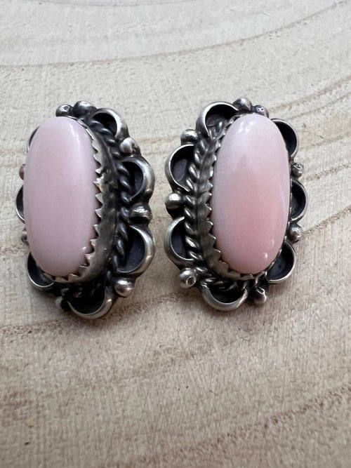 Navajo Handmade Pink Conch Earrings by Freda Martinez - Cowhide and Conchos