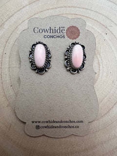 Navajo Handmade Pink Conch Earrings by Freda Martinez - Cowhide and Conchos