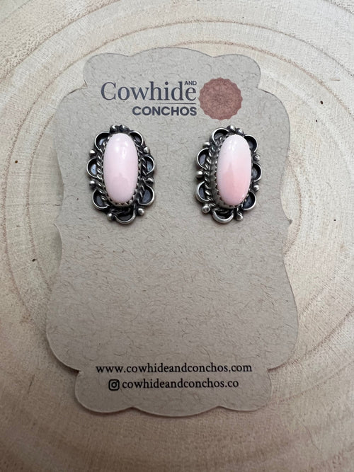 Navajo Handmade Pink Conch Earrings by Freda Martinez - Cowhide and Conchos