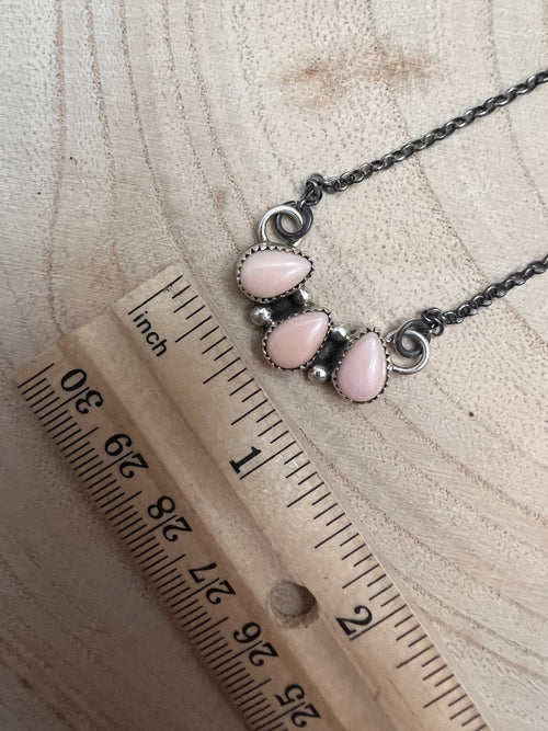 Navajo Handmade Pink Conch Necklace by Maxine Ramirez - 16 inch - Cowhide and Conchos