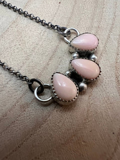 Navajo Handmade Pink Conch Necklace by Maxine Ramirez - 16 inch - Cowhide and Conchos