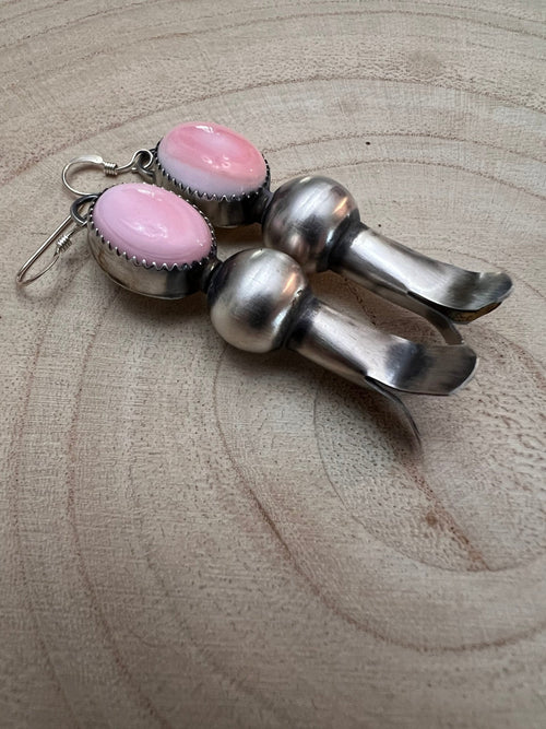 Navajo Handmade Pink Conch Squash Blossom Earrings by Tia Long - Cowhide and Conchos