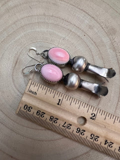 Navajo Handmade Pink Conch Squash Blossom Earrings by Tia Long - Cowhide and Conchos