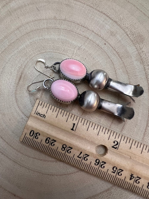 Navajo Handmade Pink Conch Squash Blossom Earrings by Tia Long - Cowhide and Conchos