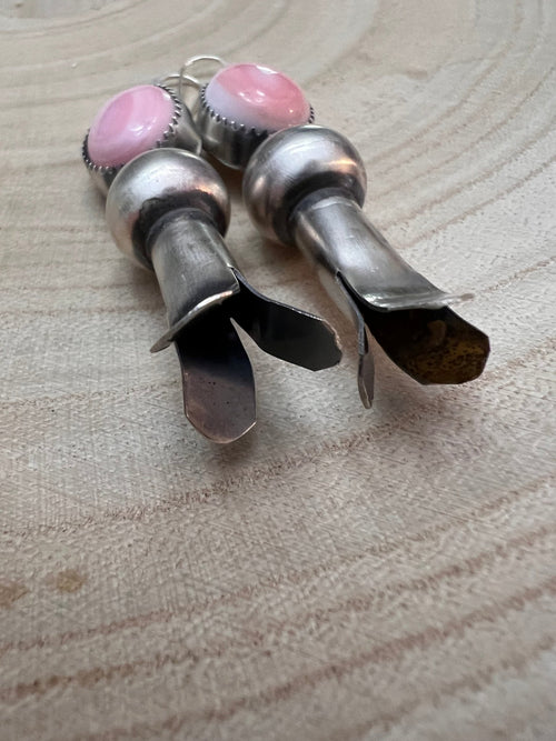 Navajo Handmade Pink Conch Squash Blossom Earrings by Tia Long - Cowhide and Conchos