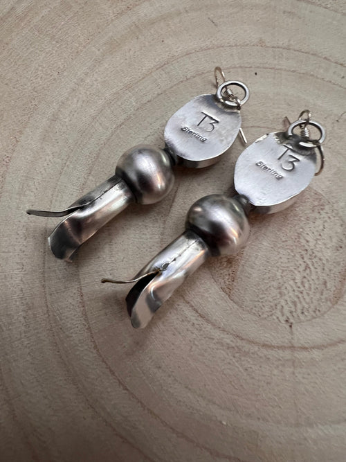 Navajo Handmade Pink Conch Squash Blossom Earrings by Tia Long - Cowhide and Conchos