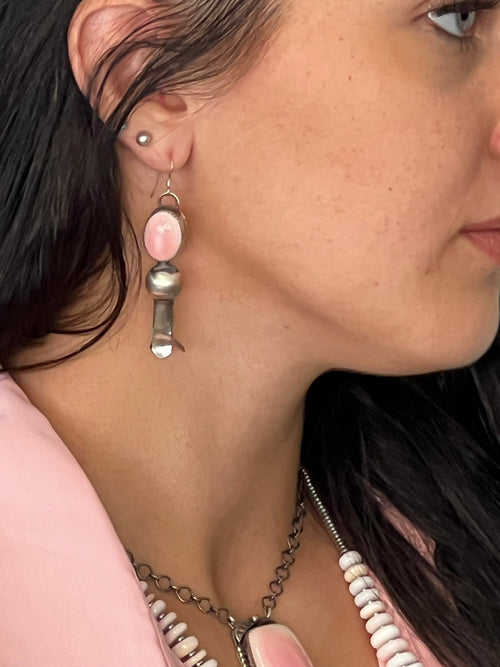 Navajo Handmade Pink Conch Squash Blossom Earrings by Tia Long - Cowhide and Conchos