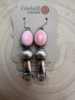Navajo Handmade Pink Conch Squash Blossom Earrings by Tia Long - Cowhide and Conchos