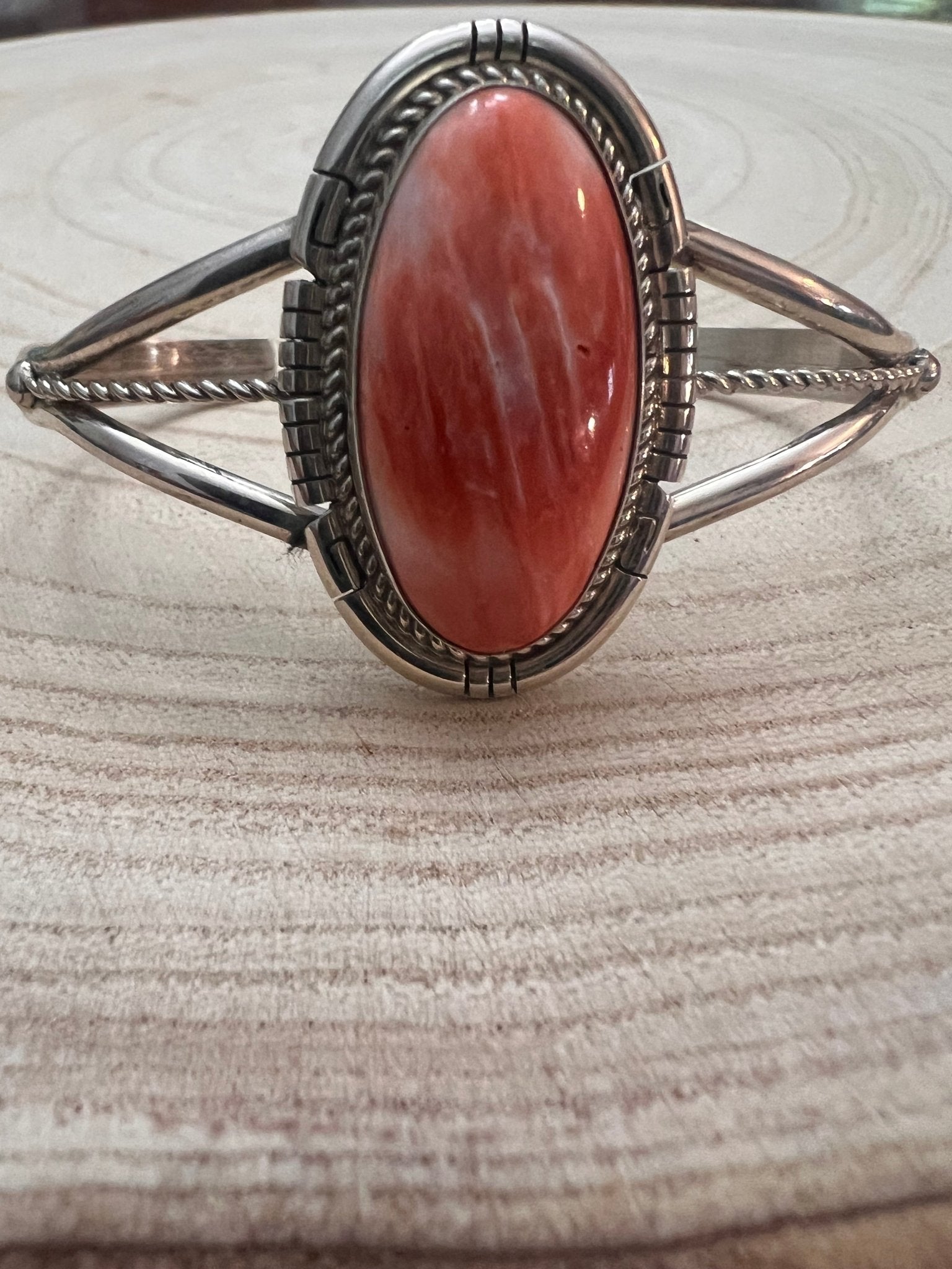 Navajo Handmade Spiny Oyster Bracelet by Dave Skeets - Cowhide and Conchos