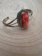 Navajo Handmade Spiny Oyster Bracelet by Dave Skeets - Cowhide and Conchos