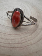 Navajo Handmade Spiny Oyster Bracelet by Dave Skeets - Cowhide and Conchos